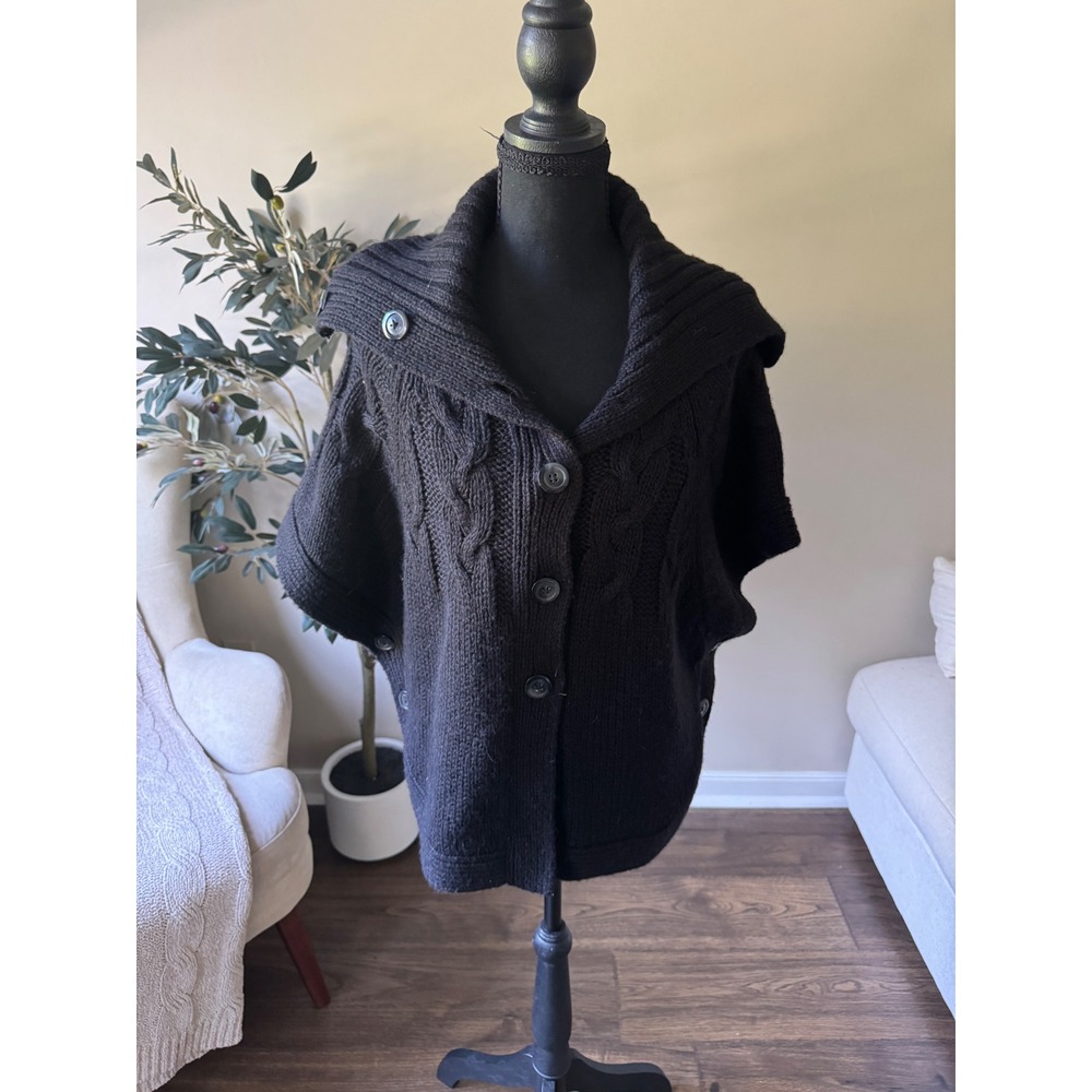 Old Navy Black Cable Knit Button Front Poncho Sweater Shawl Collar XS/TP
